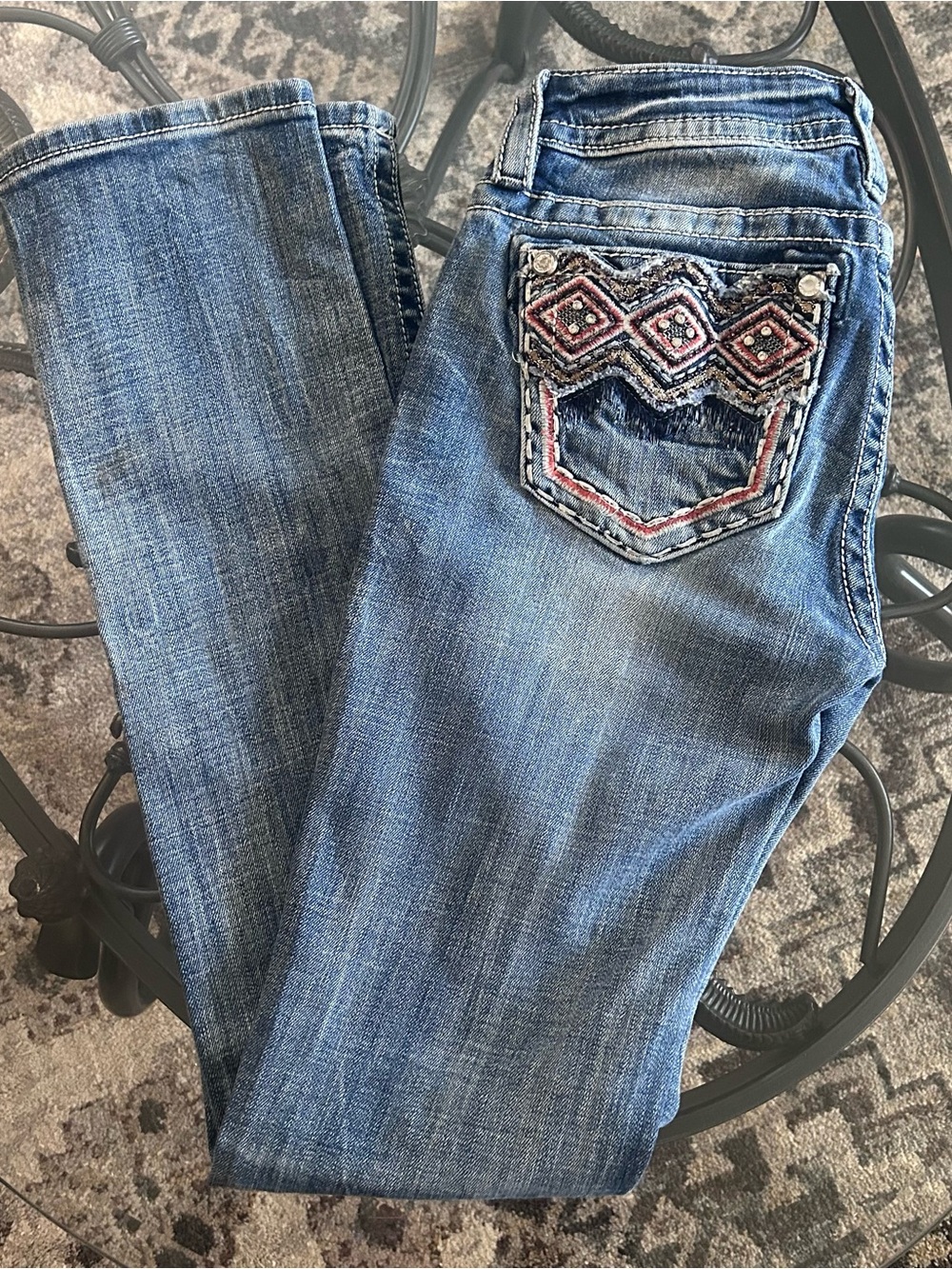 Miss Me Blue Boot Cut Jeans with Aztec-Inspired Embroidered Back Pocket